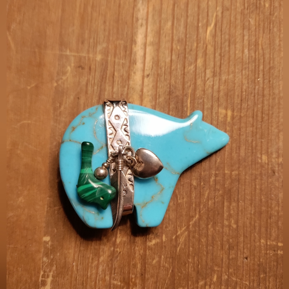 Large Southwest Sterling Silver and Turquoise Bear Pin